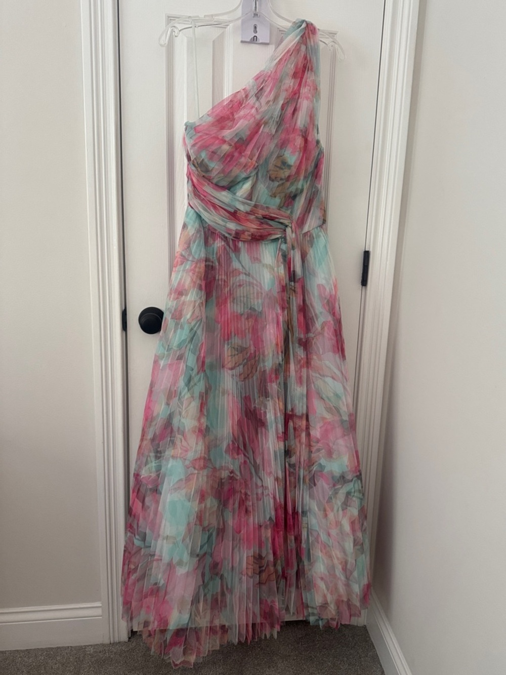 Hutch One-Shoulder Floral Pleated Maxi Dress in Pink & Mint